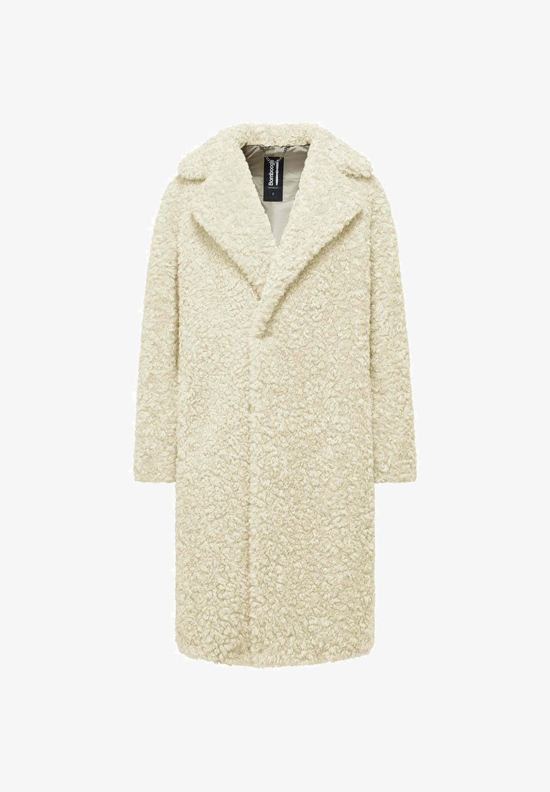 Crème-kleurige, lange teddyjas met brede revers en een pluche, krullende textuur, ontworpen voor warmte en stijl.