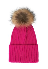 Berretto lavorato a maglia rosa con texture a coste e un grande pompon in pelliccia sintetica sulla parte superiore, dotato di risvolto nella parte inferiore.