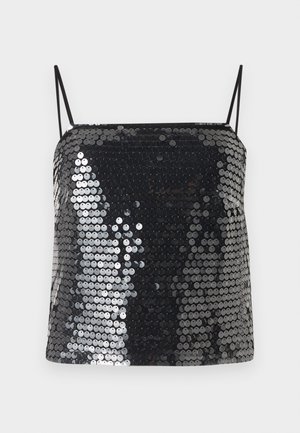 Haut caraco noir à sequins avec fines bretelles spaghetti et encolure carrée.