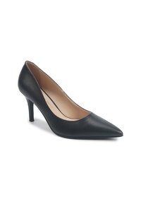 Escarpin femme en cuir noir à bout pointu avec un talon de hauteur moyenne et doublure intérieure beige, présenté sur fond blanc.