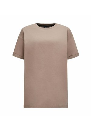 Beżowa koszulka z krótkim rękawem, wykonana z bawełny, z okrągłym dekoltem i luźnym krojem, z podwiniętymi mankietami i gładką teksturą.