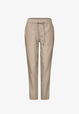 Beige Leinenhose mit einem Kordelzugbund, geraden Beinen und zwei Vordertaschen. Glatte Textur mit leicht knitterndem Finish.