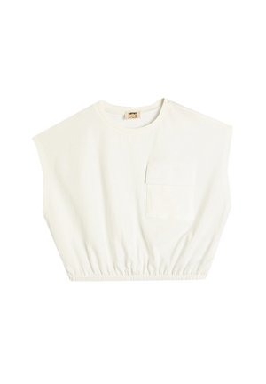 Weiße, kurze Baumwoll-T-Shirt mit Rundhalsausschnitt, kurzen Ärmeln und einer Brusttasche sowie einem elastischen Saum.