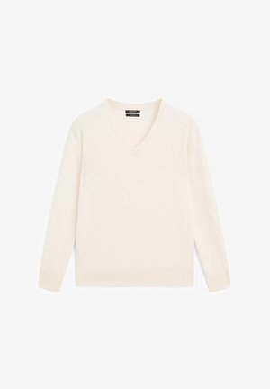 Krämfärgad v-ringad tröja gjord av mjukt tyg, med långa ärmar, ribbade muddar och nederkant, samt en avslappnad passform. Minimalistisk design utan mönster.