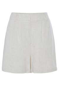 High-waist beige linen shorts with belt loops and front pleats, showing a structured yet casual style.