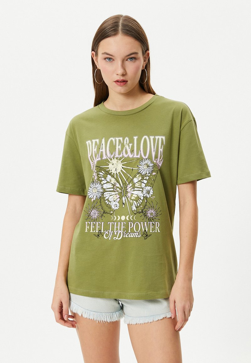 Koton CREW NECK SHORT SLEEVE PRINTED  - Camiseta estampada - khaki