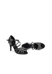 Black high-heel sandals with a strappy design, embellished with rhinestones, featuring a buckle and soft, textured fabric.