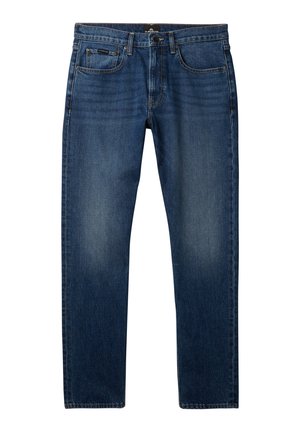 Dark blue denim jeans with a straight leg design, five-pocket styling, subtle fading, and a metal button closure at the waistband.
