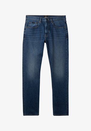 Donkerblauwe denim jeans met een rechte pijp, vijf zakken, subtiele vervagingen en een metalen knoopsluiting bij de taille.