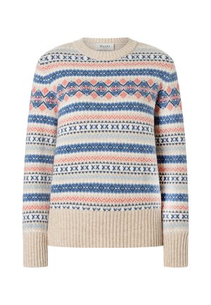 Beige striktrøje med blå og koral geometriske og stribede mønstre, ribbede manchetter og kant samt rund halsudskæring.