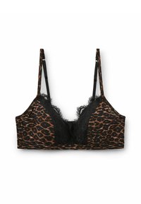 Bralet w print leopardzi z czarną koronką, z regulowanymi ramiączkami i miękkim materiałem. Prostokątny kształt, bez drucików.