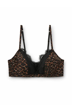 Leopard-tryk bralette med sort blonder trim, med justerbare stropper og et blødt stof. Rektangulær form, uden underwire detaljer.