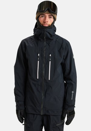 Black waterproof jacket with a high collar and adjustable hood, featuring two zippered chest pockets and GORE-TEX branding on the sleeve.