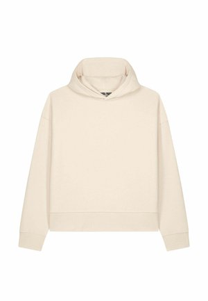 Sweat à capuche beige à manches longues, avec poignets côtelés et coupe ample, présenté sur un fond blanc.