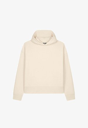 Sweat à capuche beige à manches longues, avec poignets côtelés et coupe ample, présenté sur un fond blanc.