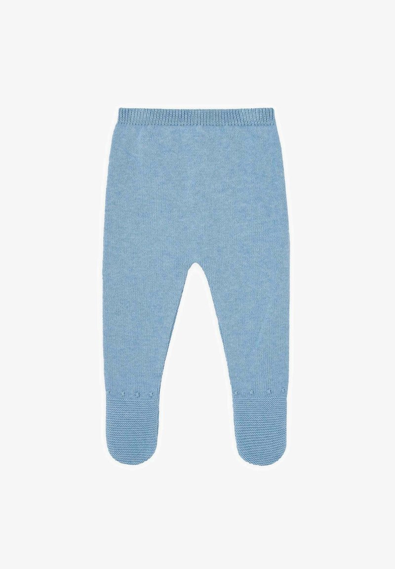 Pantalons pour bébé tricotés en bleu doux, avec pieds, ceinture élastique et zone de pied texturée sur fond blanc.