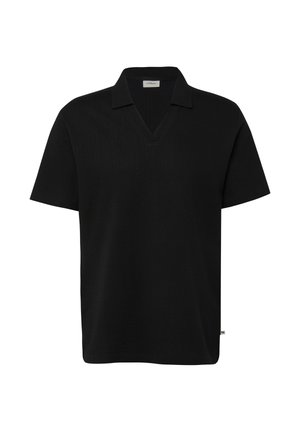 Zwart poloshirt met korte mouwen, V-hals en een klein zijlabel op een effen witte achtergrond.