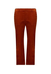 Pantalons en velours côtelé couleur rouille avec des jambes droites, dotés de poches avant et d'une taille lisse sans matériel ou embellissements visibles.