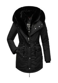 Crna insulated parka jakna s kapuljačom obloženom umjetnim krznom, podesivim strukom, velikim prednjim džepovima i akcentima od srebrne boje.
