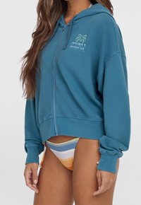 Teal hoodie met rits in een losse fit en gebandeerde boorden; voorzien van palm graphic. Gecombineerd met gestreepte bikini onderkant in oranje, blauw en geel.