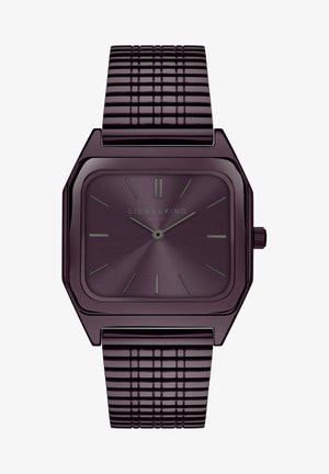 Montre carrée violette avec une finition brillante, bracelet en métal texturé, marqueurs d'heure minimalistes et un cadran soleil subtil. Marquage LIEBESKIND affiché.
