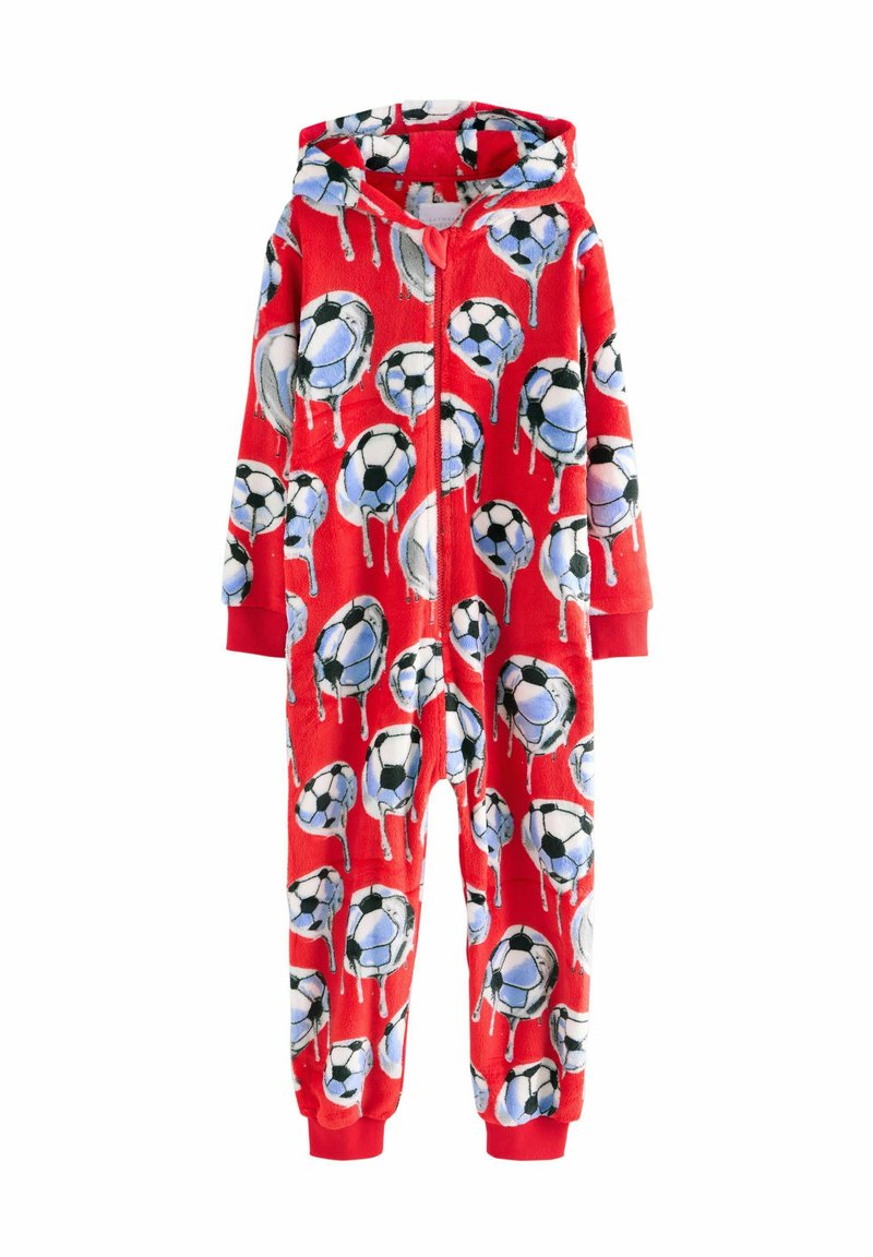 Roter, plüschiger Einteiler mit einem wiederholten Muster aus Fußballmotiven und Tropfen. Das Design umfasst eine Kapuze und enge Bündchen an Knöcheln und Handgelenken.