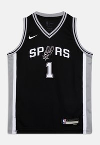 Musta koripallopaita harmailla yksityiskohdilla ja valkoisella painatuksella. Etupuolella on teksti "SPURS", numero "1" ja Nike-logo. Hengittävää verkkomateriaalia.