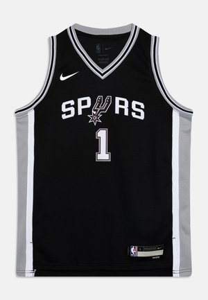 Maillot de basket-ball noir avec des accents gris et des lettres blanches. Présente "SPURS" à l'avant, le numéro "1" et le logo Nike. Matériau en maille.