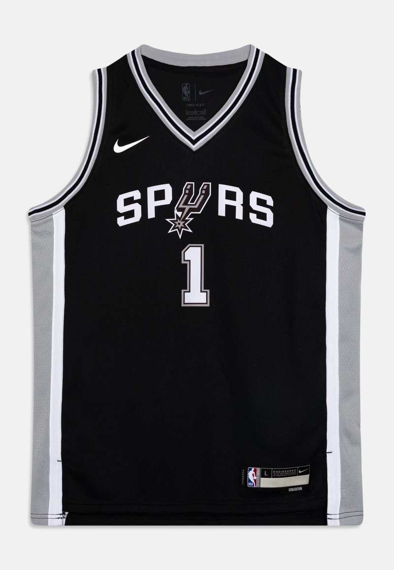 Musta koripallopaita harmailla yksityiskohdilla ja valkoisella painatuksella. Etupuolella on teksti "SPURS", numero "1" ja Nike-logo. Hengittävää verkkomateriaalia.
