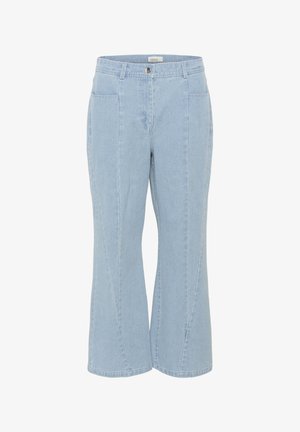 Világoskék farmer széles lábú nadrág gombos záródással, elülső zsebekkel és finom varrással. Simább tapintás, közép derék kialakítás.