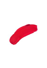 Tratto di vernice rossa brillante con texture liscia, che mostra una leggera lucentezza, forma curva e spessore variabile, su uno sfondo bianco.