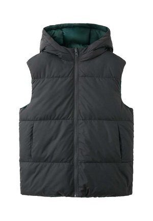 Black sleeveless puffer vest with hood and front zipper, showing padded quilted sections and two front pockets.
