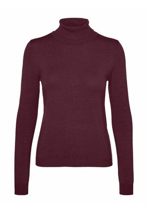 Burgundowy golf z długimi rękawami, prążkowanym kołnierzem i mankietami, wykonany z gładkiej dzianiny, zapewniający dopasowaną sylwetkę.