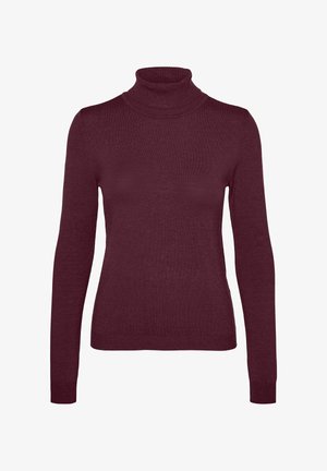 Bordeauxrød rullekravesweater med lange ærmer, ribstrikket hals og manchetter, lavet af et glat strikket stof, der giver en tætsiddende silhuet.