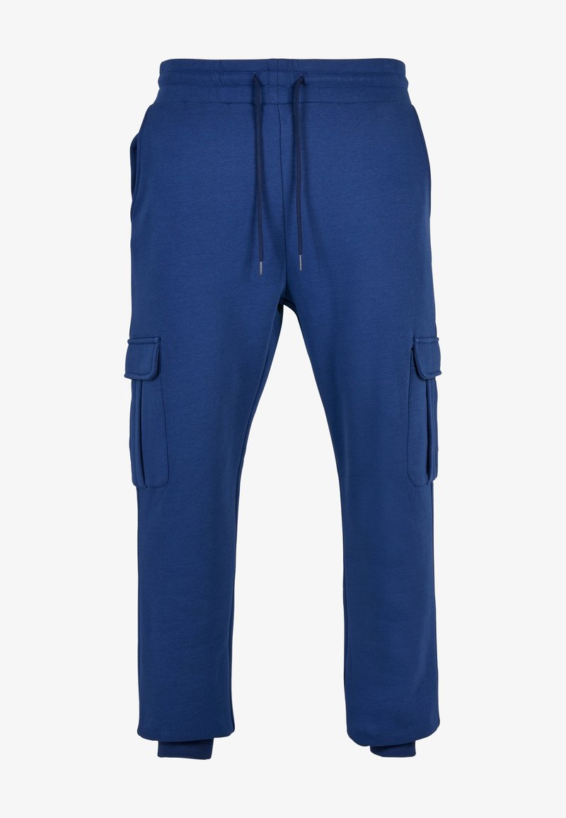 Pantalon de jogging cargo bleu avec taille élastique, cordon, poches latérales à rabat et chevilles resserrées.