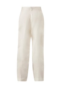 Pantaloni in lino bianco con un design a gamba dritta, dotati di vita alta, due tasche frontali e una finitura pulita e minimalista.