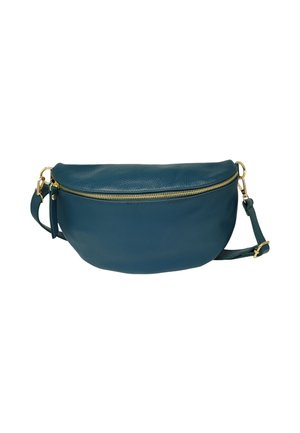 Sac en cuir teal à bandoulière avec une fermeture éclair dorée, de forme arrondie, sangle ajustable et design minimaliste. Texture lisse, sans embellissements visibles.