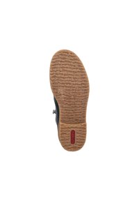 Suola nera di scarpa con una superficie in gomma testurizzata, dotata di un motivo di battistrada marrone chiaro e logo del marchio rosso.