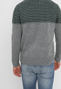 Man i grå stickad tröja med en mörkgrön mönstrad yoke och ljusblå jeans, visad från ryggen mot en enkel bakgrund.