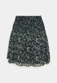 Mini-jupe fleurie sombre avec taille froncée et ourlet à volants, présentant de petites fleurs jaunes, blanches et vertes sur un fond noir.