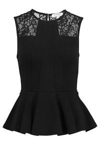 Black peplum top with a fitted bodice, lace detailing on the shoulders, and a pleated skirt hem. Crafted from smooth fabric.