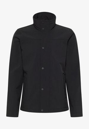 Schwarze Jacke mit hohem Kragen, Knopfverschluss und zwei Seitentaschen; aus glattem, wasserabweisendem Material mit minimalistischen Designelementen.