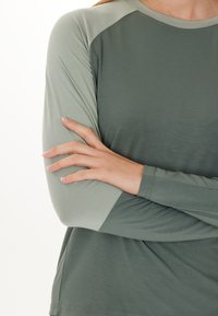 Langarmshirt in gedämpftem Grün mit hellgrauen Raglanärmeln. Glatte Textur, taillierte Passform und dezente Steppnaht entlang dem Saum.