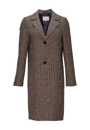 Houndstooth-patterned coat in dark hues with long sleeves, notch lapels, two front buttons, and a straight silhouette.