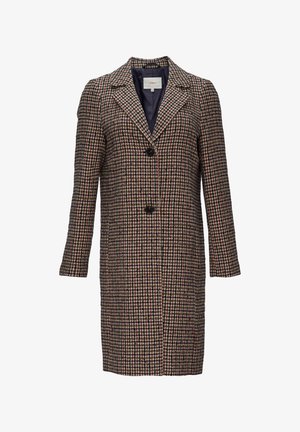 Houndstooth-gepatroond jasje in donkere tinten met lange mouwen, notch-revers, twee knopen aan de voorkant en een rechte silhoutte.