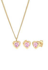 Gyllene smyckeset i hjärtform bestående av en hängande halsband och matchande örhängen, varje prytt med en rosa ädelsten.