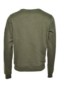 Grøn sweatshirt med lange ærmer, ribbede manchetter og kant. Lavet af blødt stof, med en ensartet tekstur og ingen synlige logoer eller mønstre.
