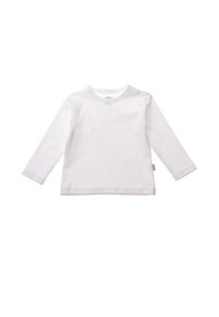 Langärmliges weißes Baumwolloberteil mit runder Ausschnitt und Druckknopfdetails an der Schulter. Glatte Textur, keine Muster oder Akzente.