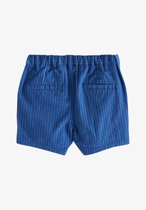 Modré pruhované šortky z mäkkej tkaniny, s elastickým pásom a dvoma zadnými vreckami. Textúra je hladká s vertikálnymi pruhmi.