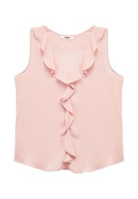Vaaleanpunainen sleeveless-toppi, jossa on V-pääntie ja pystysuora röyhelökuvio etuosassa, valmistettu pehmeästä kankaasta, jolla on sileä pinta.